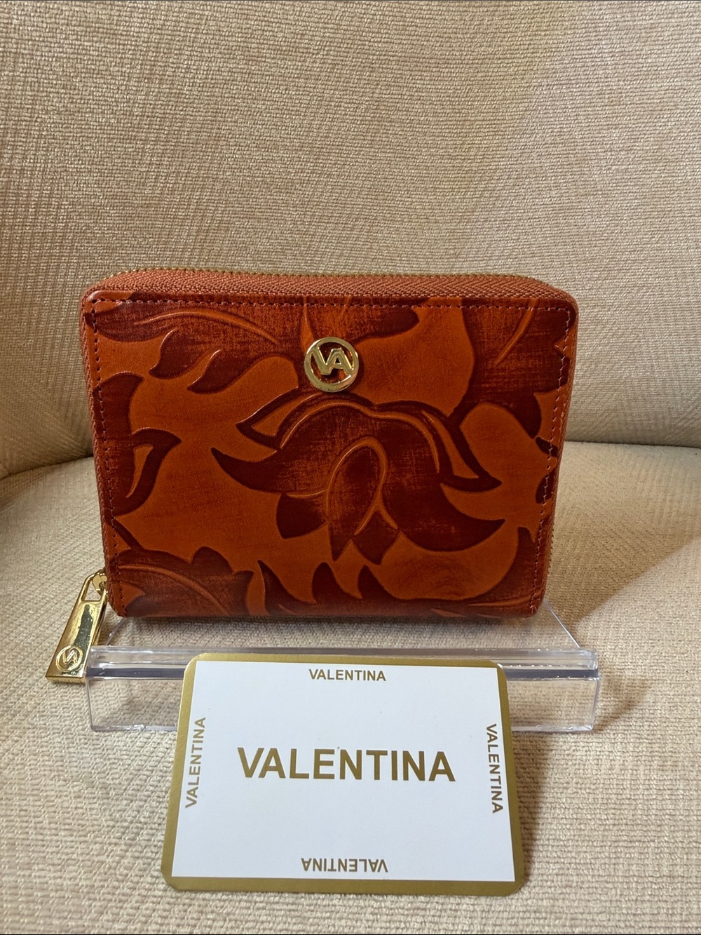 Valentina Compact Embossed Zip Wallet in Rust Tan with Gold Hardware
